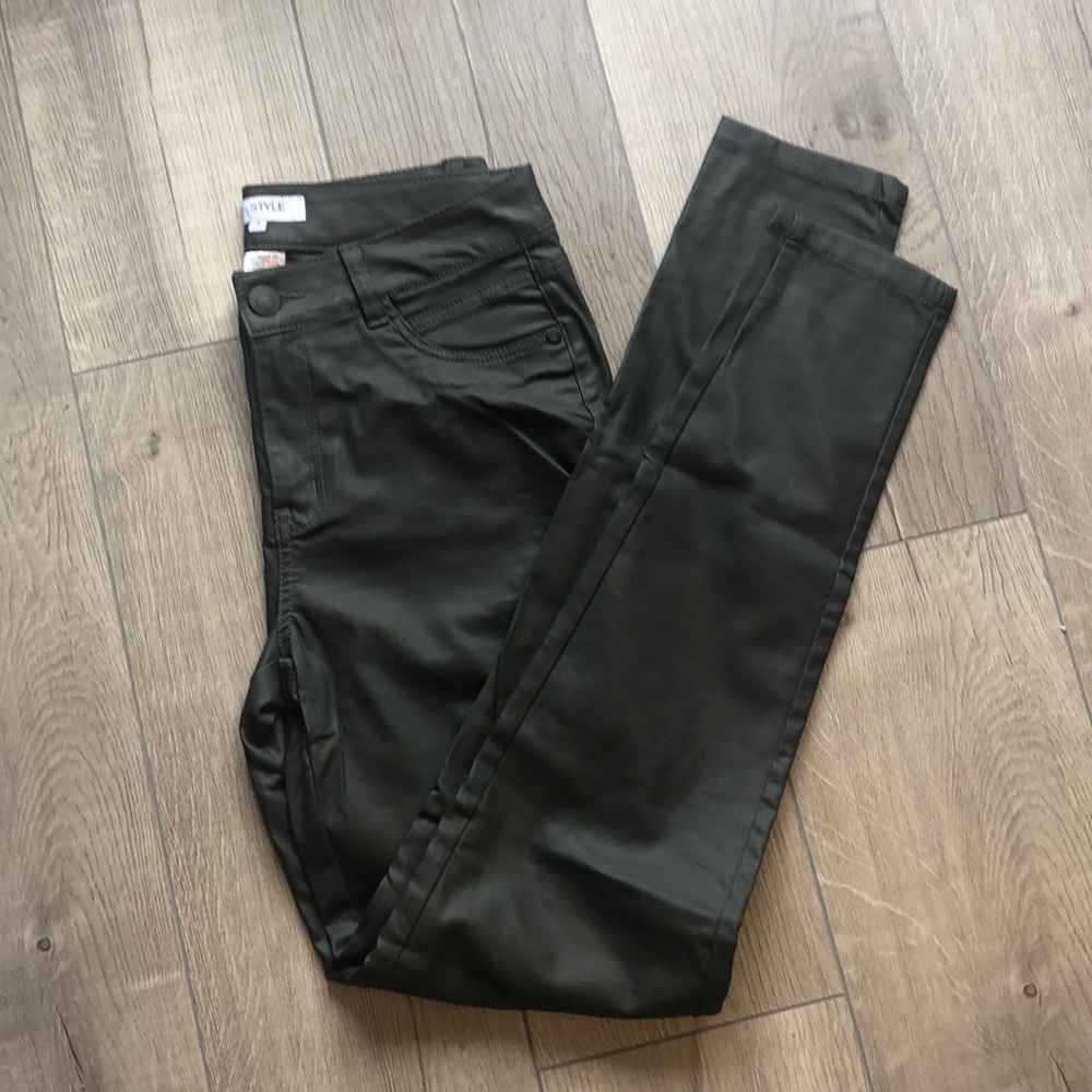 NWOT My Style women’s “leather look” army green pants